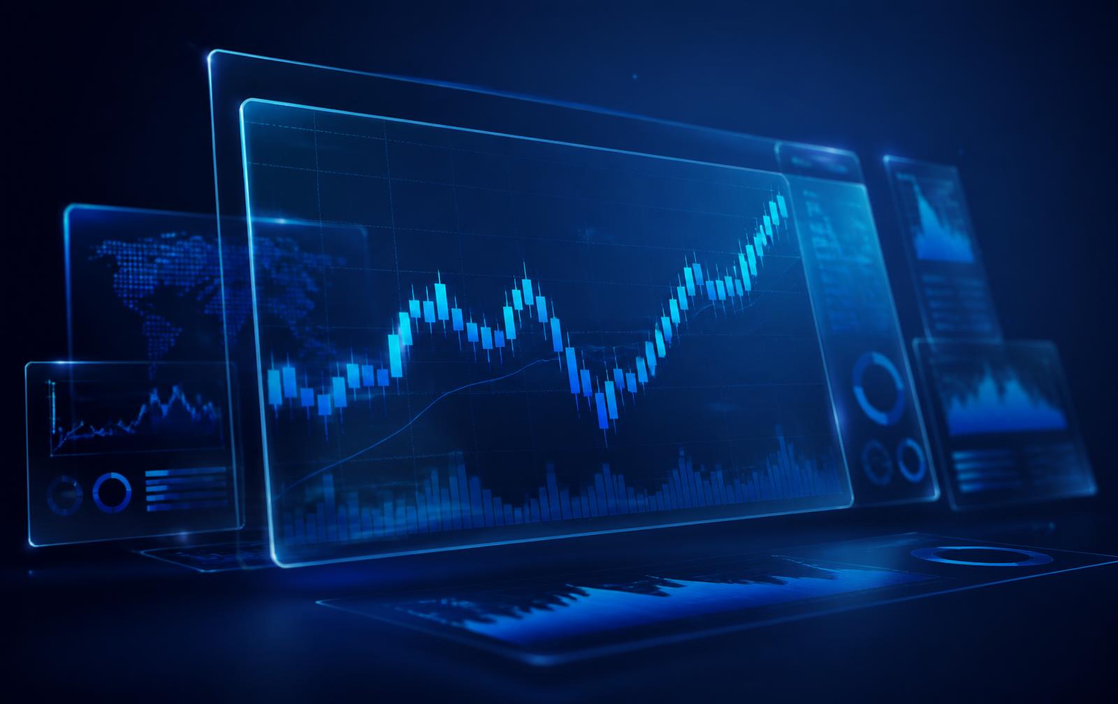 Abstract blue trading data panels representing independent research into the gmTrade trading platform